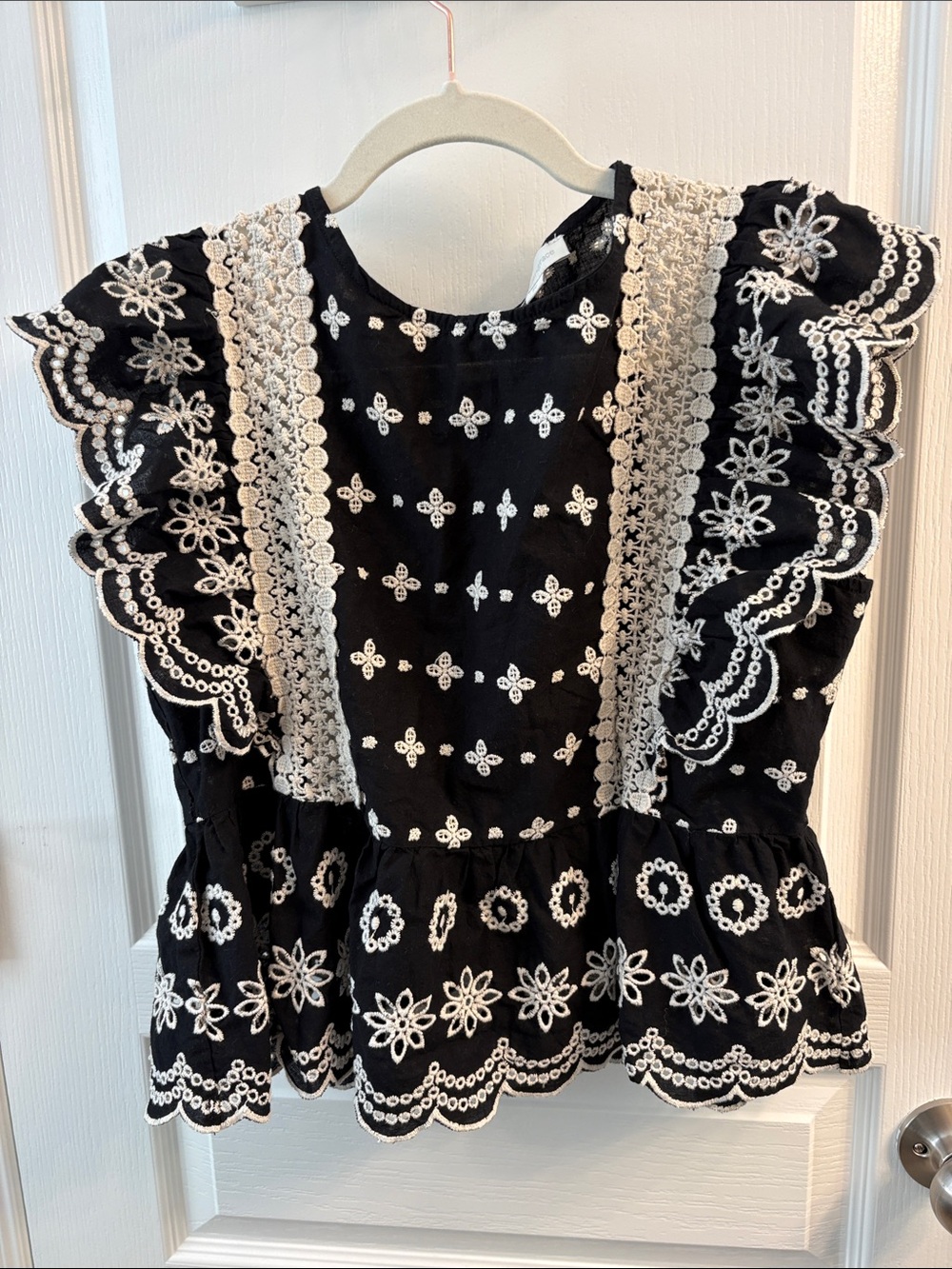 Black Embroidered Flutter Sleeve Peplum Blouse